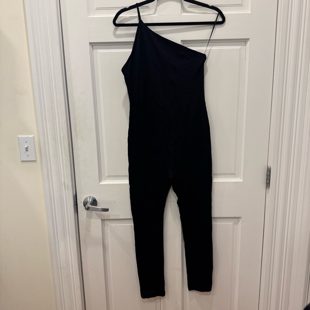 Zara Black One Shoulder Ribbed Jumpsuit Asymmetrical Bodycon Romper Large